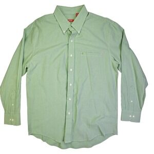 IZOD Mens Long Sleeve Button Down Shirt Green Gingham Plaid Pocket Size L